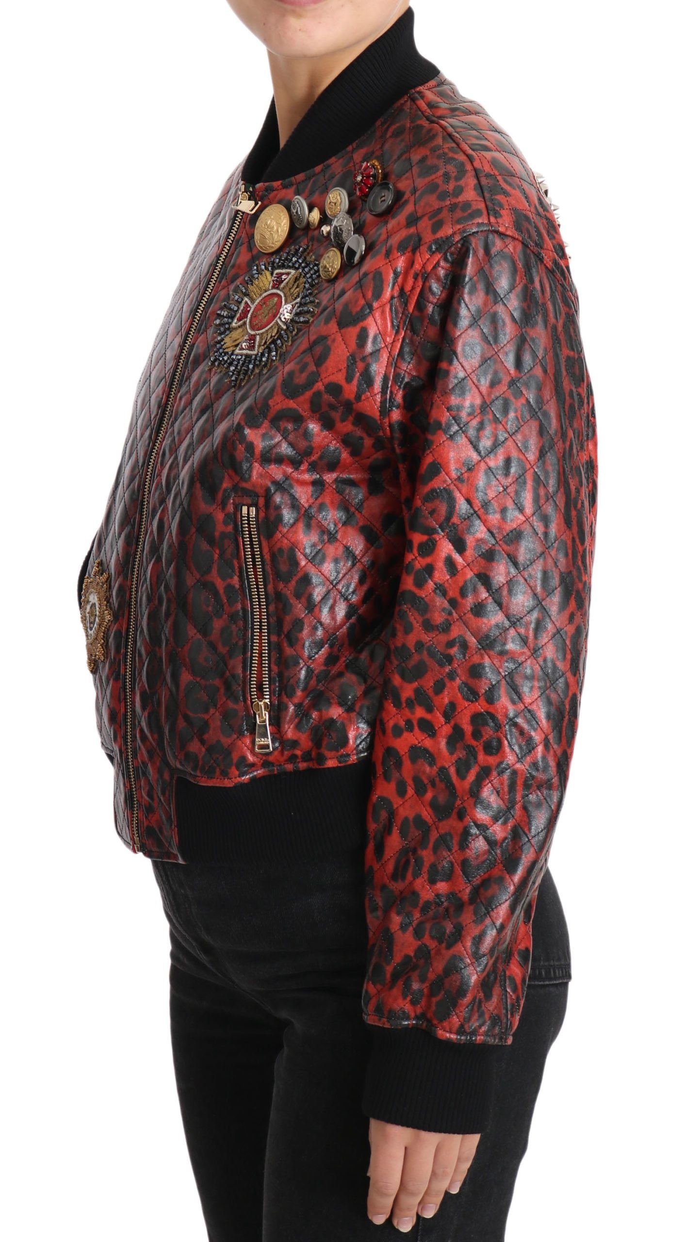 Kurtka skórzana Dolce &amp; Gabbana Red Leopard Bomber z kryształowymi guzikami