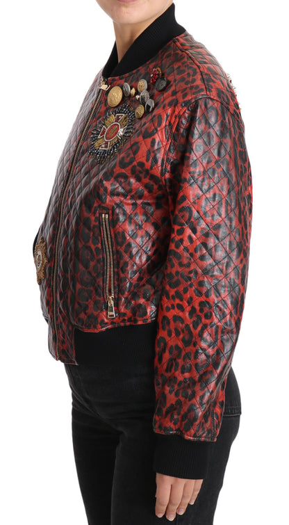 Kurtka skórzana Dolce &amp; Gabbana Red Leopard Bomber z kryształowymi guzikami