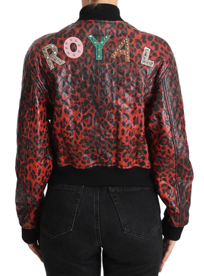 Kurtka skórzana Dolce &amp; Gabbana Red Leopard Bomber z kryształowymi guzikami