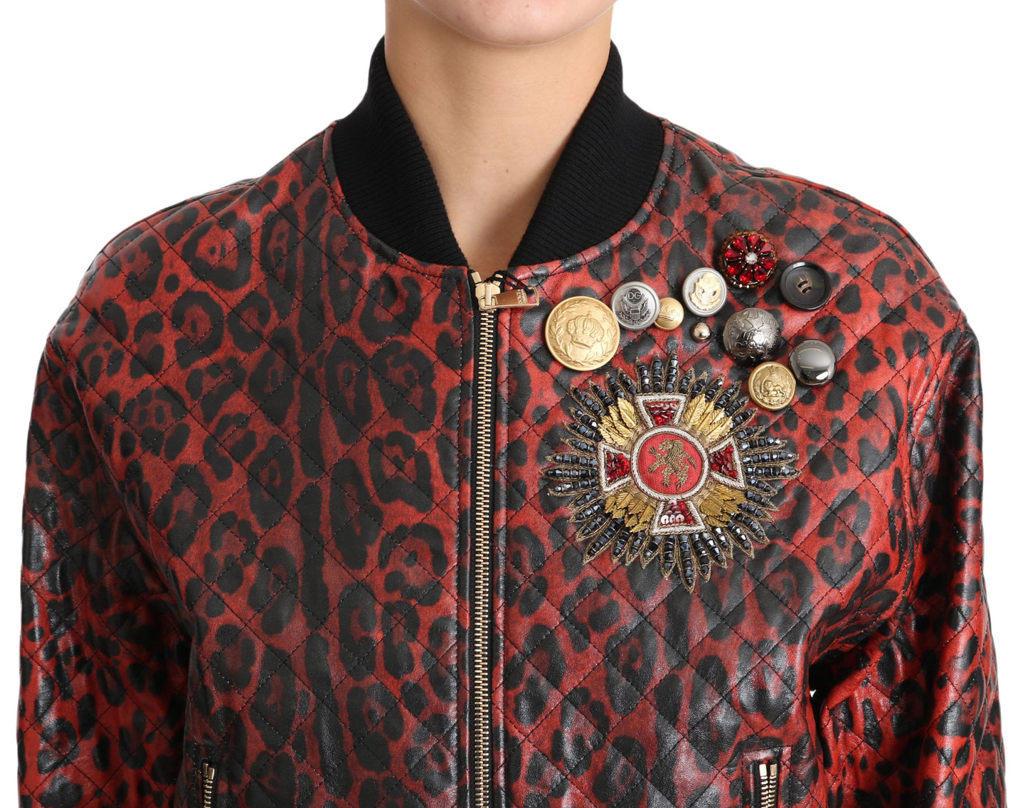 Kurtka skórzana Dolce &amp; Gabbana Red Leopard Bomber z kryształowymi guzikami