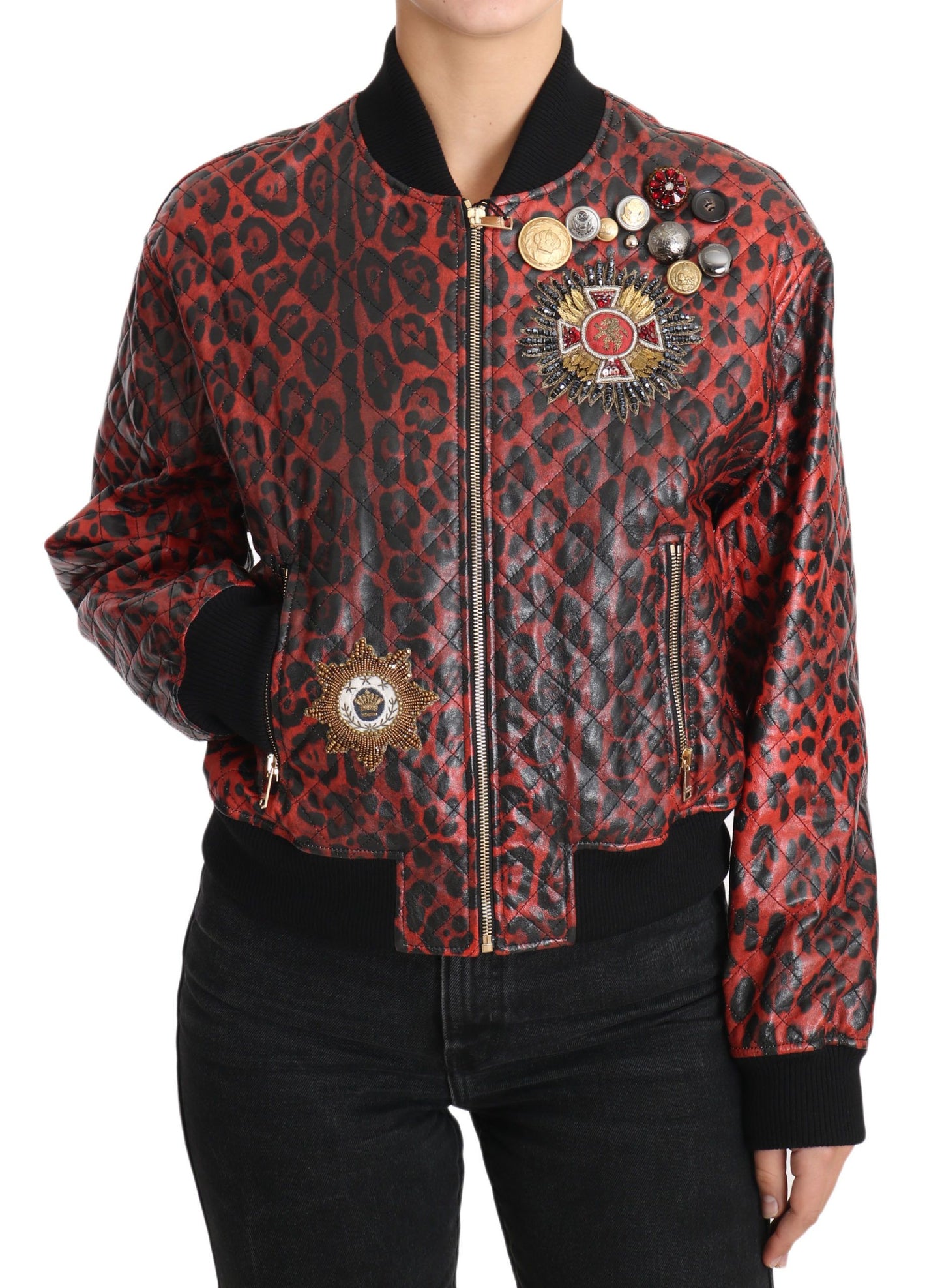 Kurtka skórzana Dolce &amp; Gabbana Red Leopard Bomber z kryształowymi guzikami