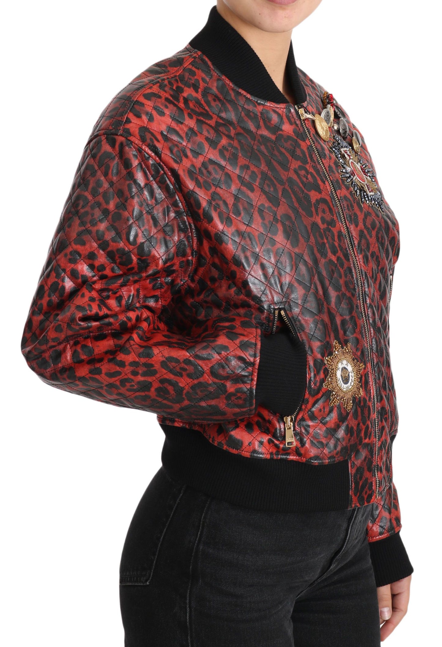 Kurtka skórzana Dolce &amp; Gabbana Red Leopard Bomber z kryształowymi guzikami