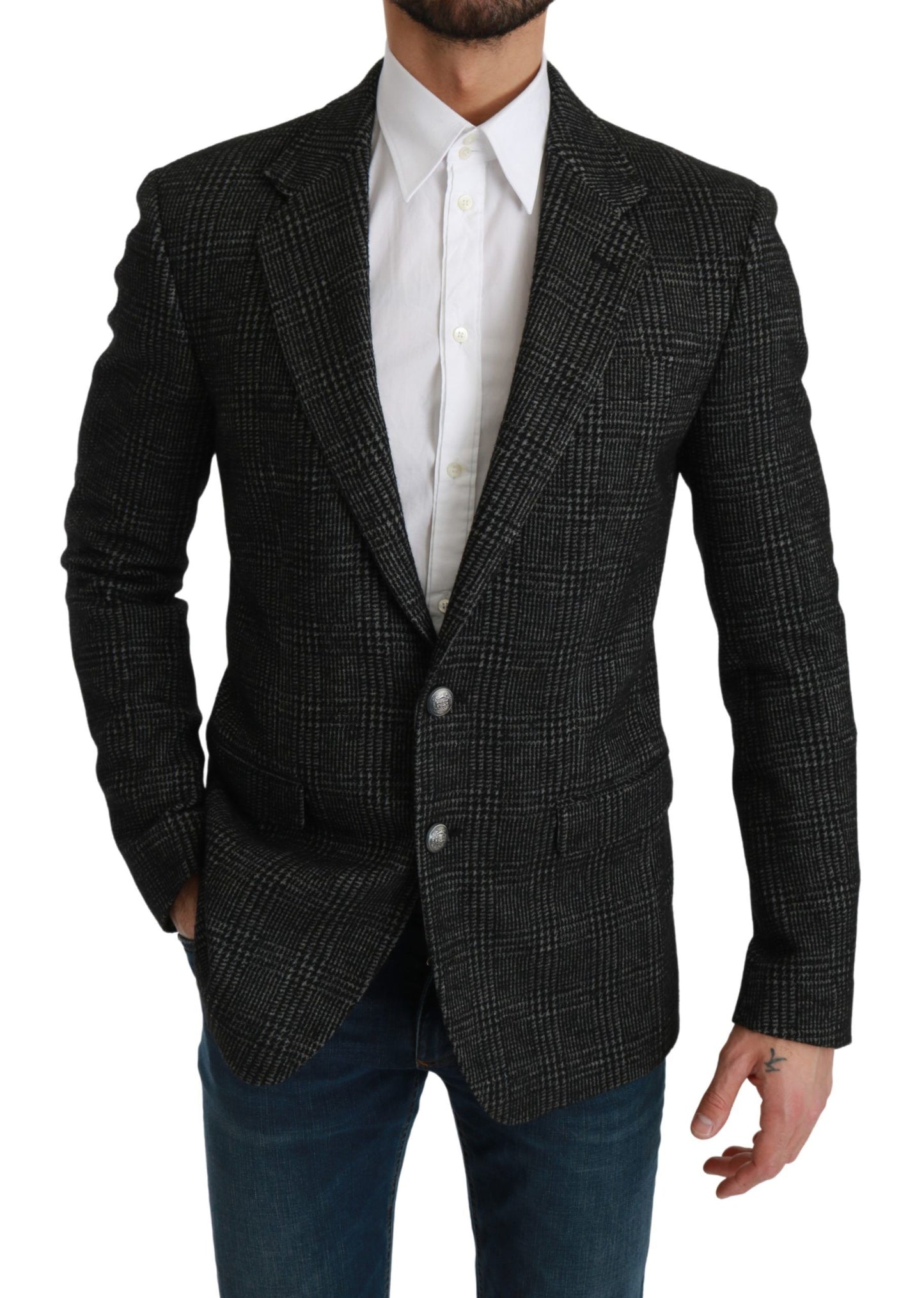 Dolce &amp; Gabbana Elegancka Szara Kratka Slim Fit Blazer