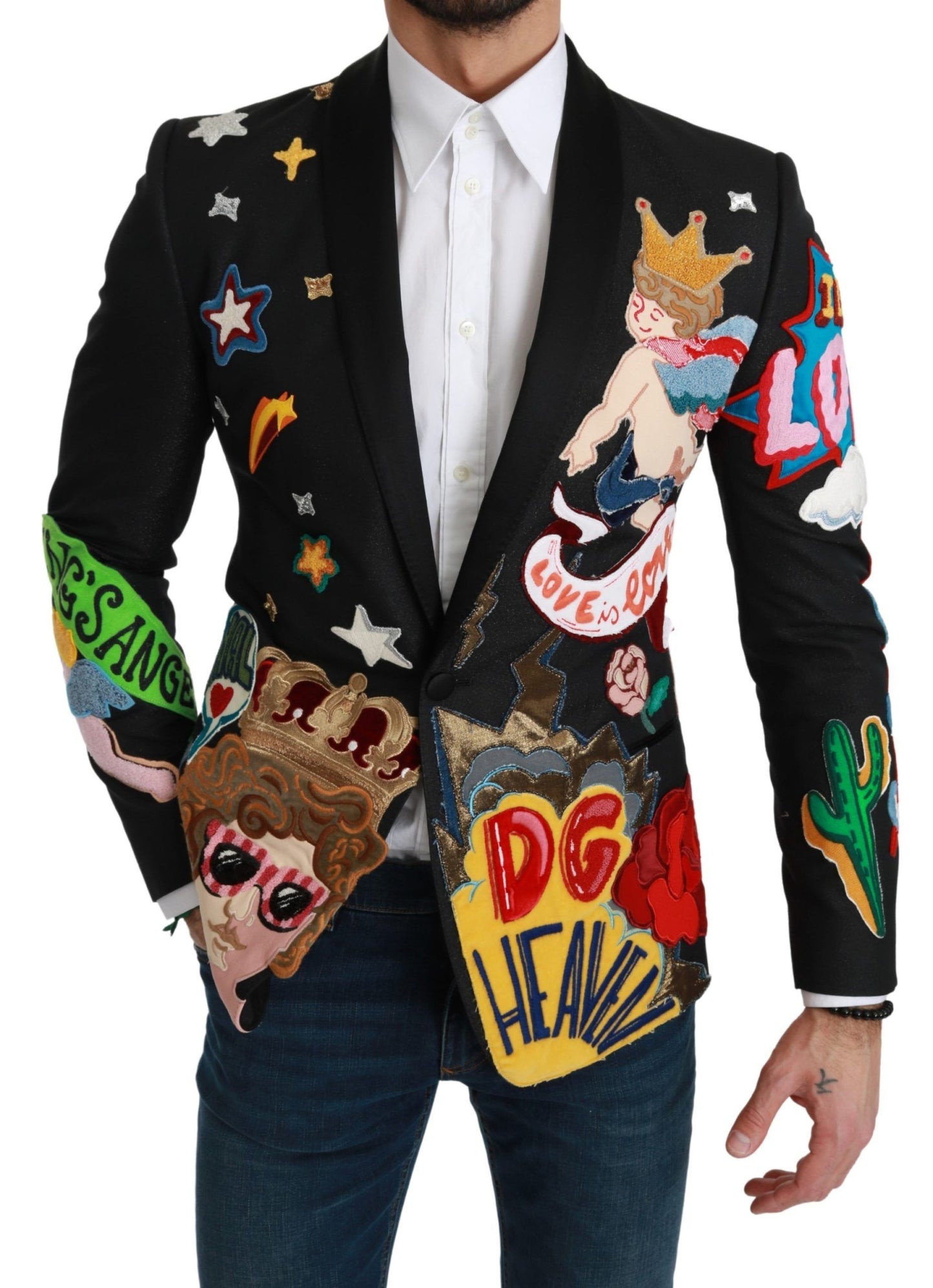 Dolce &amp; Gabbana Chic Black Multicolor Motif Slim Fit Blazer