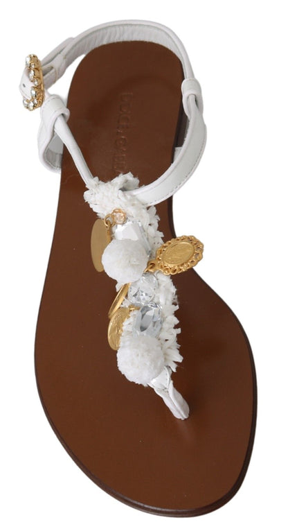 Dolce &amp; Gabbana Pom Pom Flip Flop Ankle Strap Flats