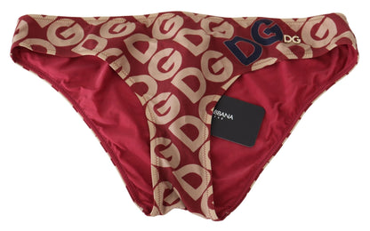 Dolce &amp; Gabbana Chic Maroon Beige Logo Print Bikini Bottom