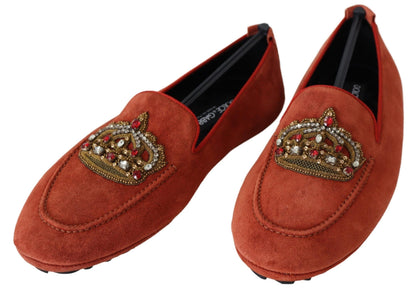 Dolce &amp; Gabbana Opulent Orange Leather Loafers ze złotym haftem