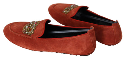 Dolce &amp; Gabbana Opulent Orange Leather Loafers ze złotym haftem