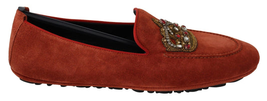 Dolce &amp; Gabbana Opulent Orange Leather Loafers ze złotym haftem