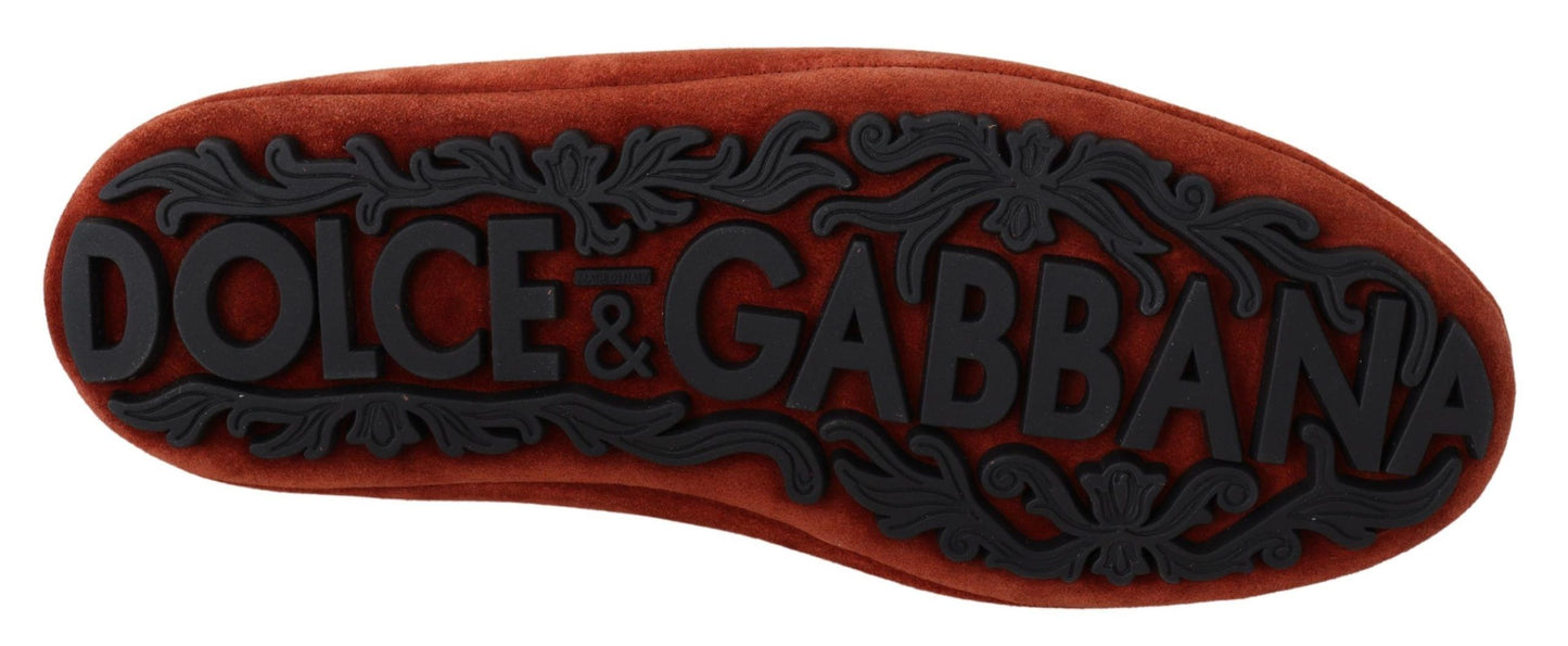 Dolce &amp; Gabbana Opulent Orange Leather Loafers ze złotym haftem