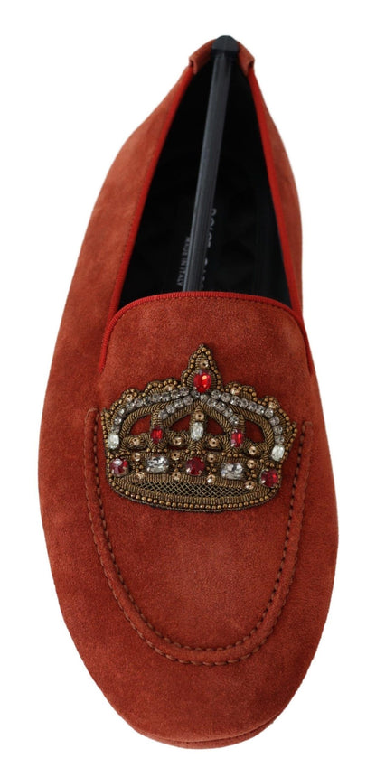 Dolce &amp; Gabbana Opulent Orange Leather Loafers ze złotym haftem