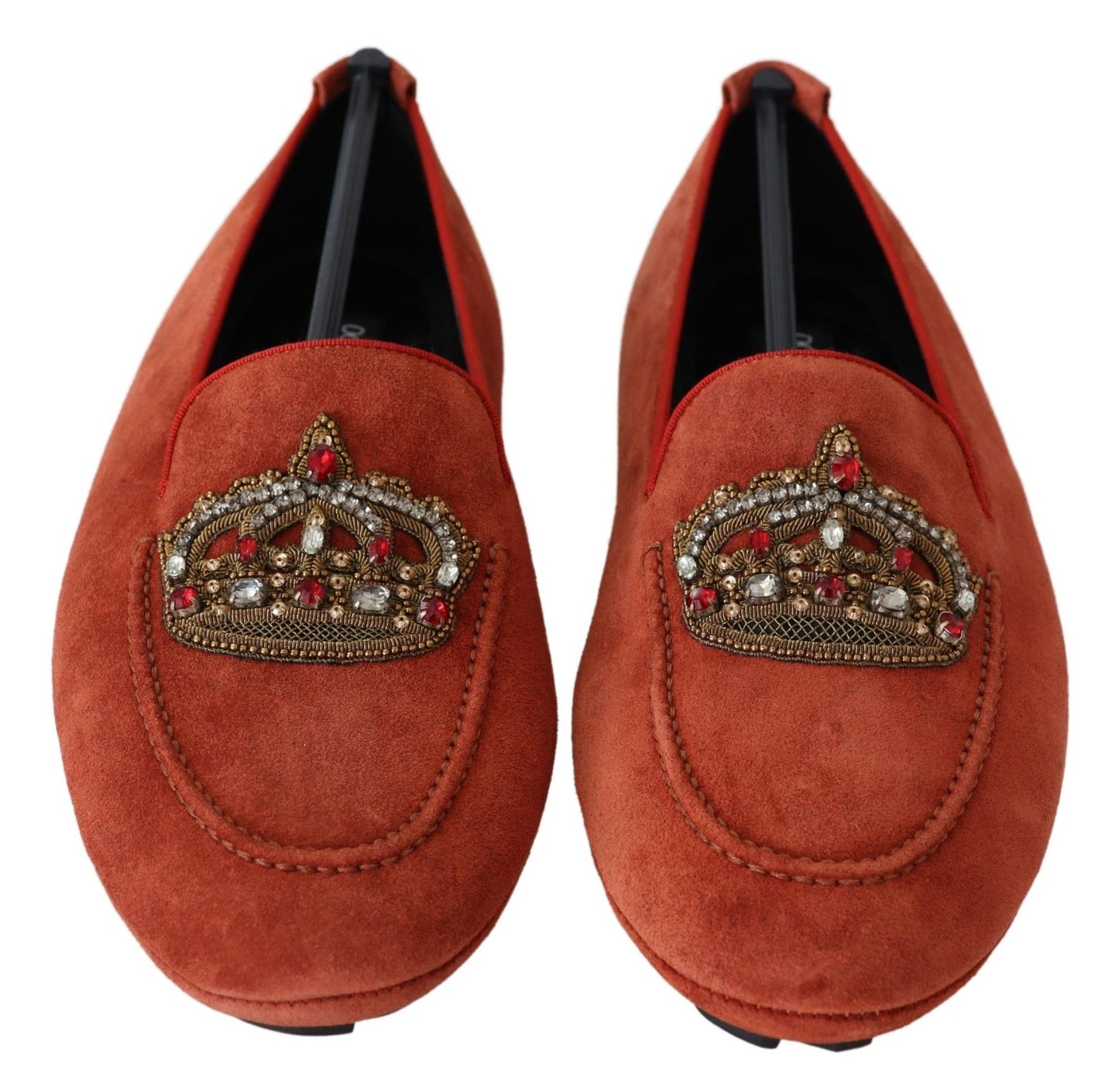 Dolce &amp; Gabbana Opulent Orange Leather Loafers ze złotym haftem