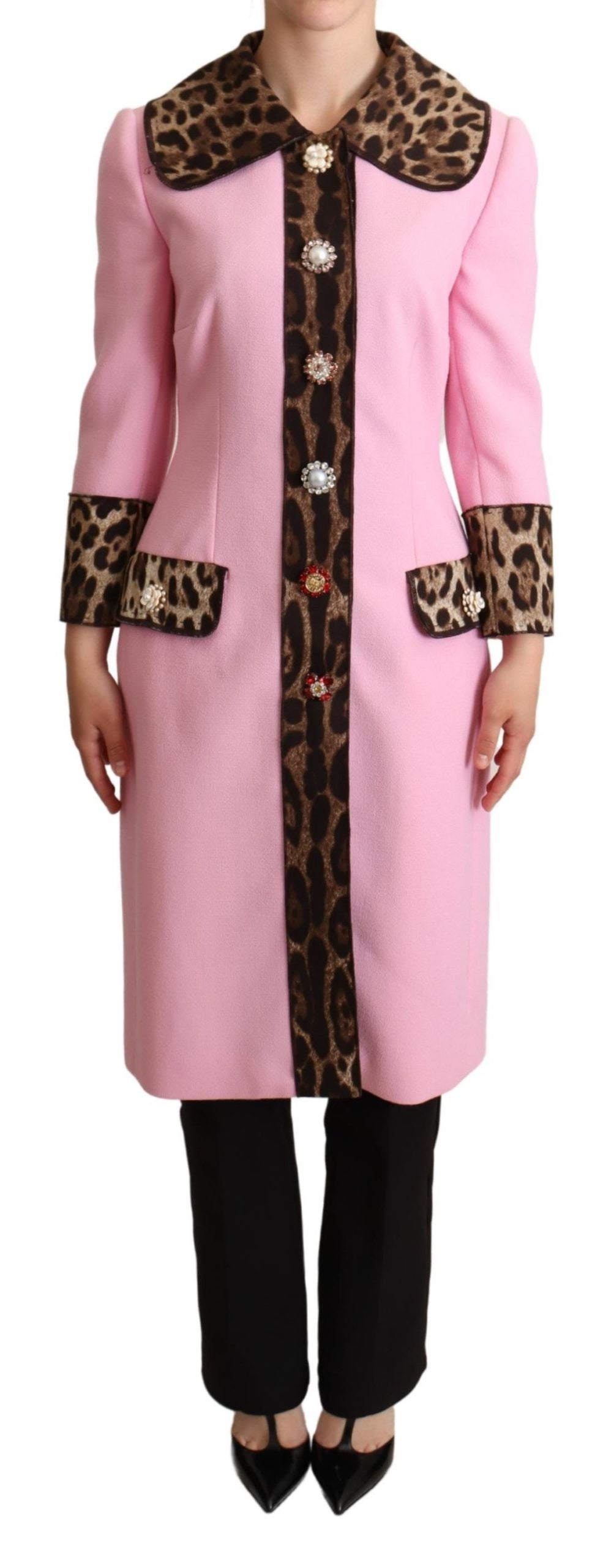 Dolce &amp; Gabbana Chic Pink Leopard Trench z kryształowymi guzikami