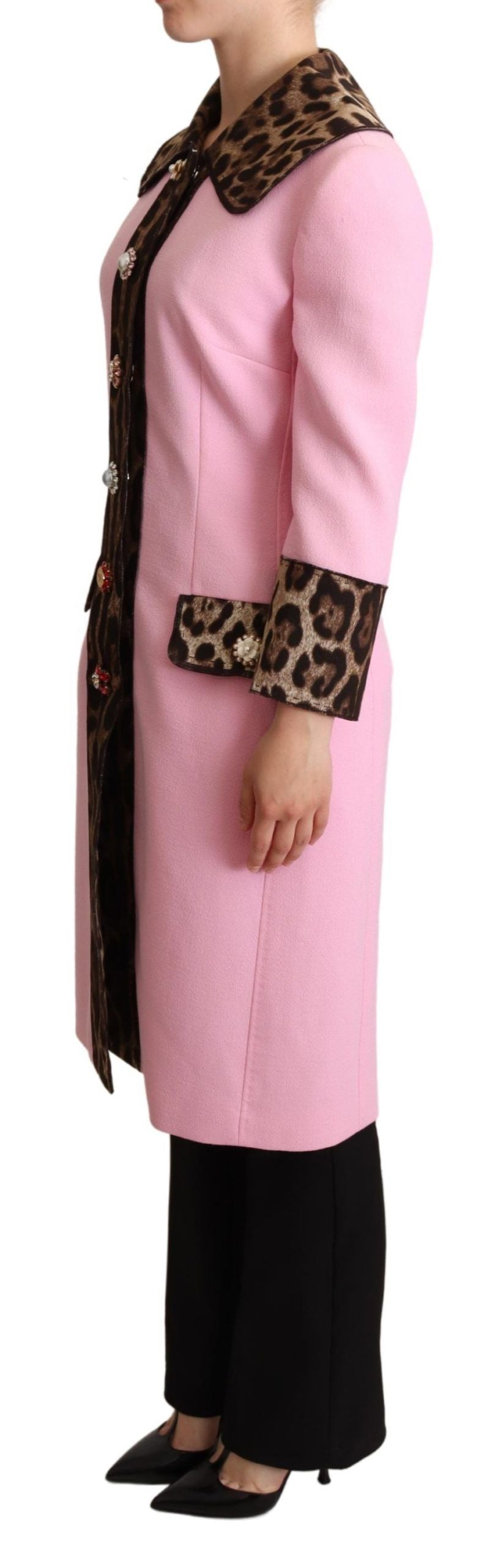 Dolce &amp; Gabbana Chic Pink Leopard Trench z kryształowymi guzikami