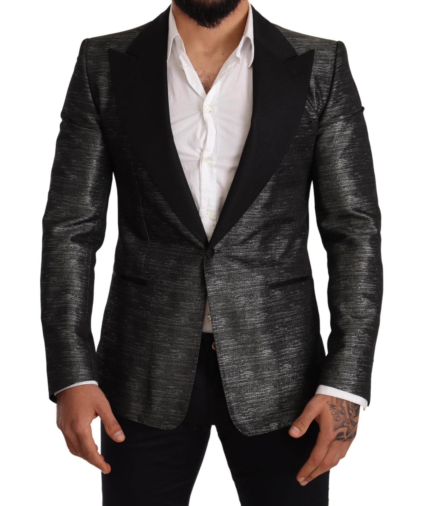 Dolce &amp; Gabbana Metaliczny szary żakardowy żakiet Slim Fit