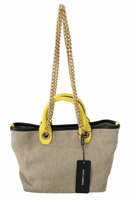 Dolce &amp; Gabbana Beige Linen-Calf Tote ze Złotym Łańcuchem