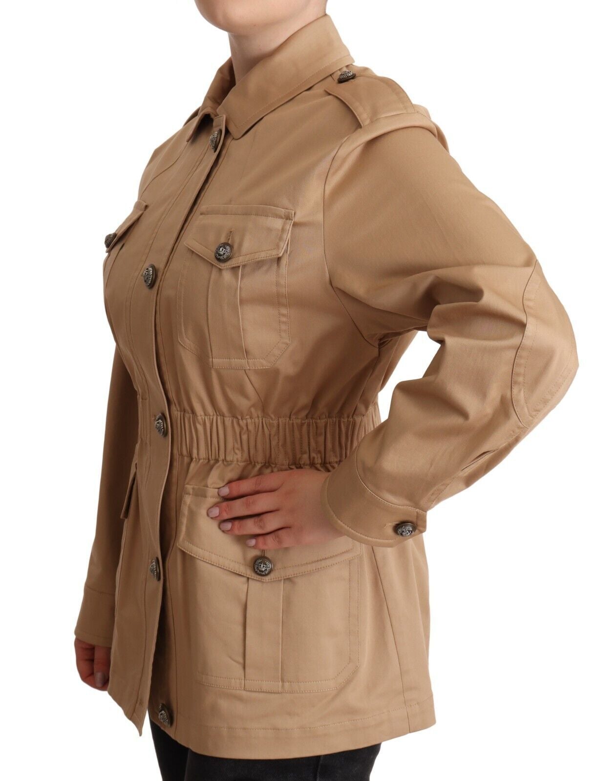 Dolce &amp; Gabbana Chic Beige Button Down Coat z ozdobami