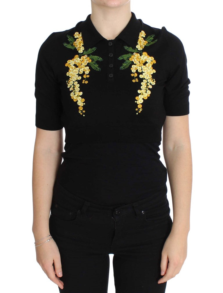 Dolce &amp; Gabbana Elegancki czarny jedwabny top polo z kwiatowym wzorem