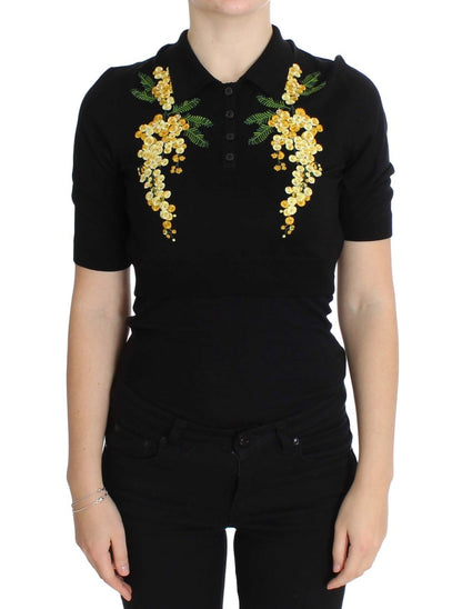 Dolce &amp; Gabbana Elegancki czarny jedwabny top polo z kwiatowym wzorem