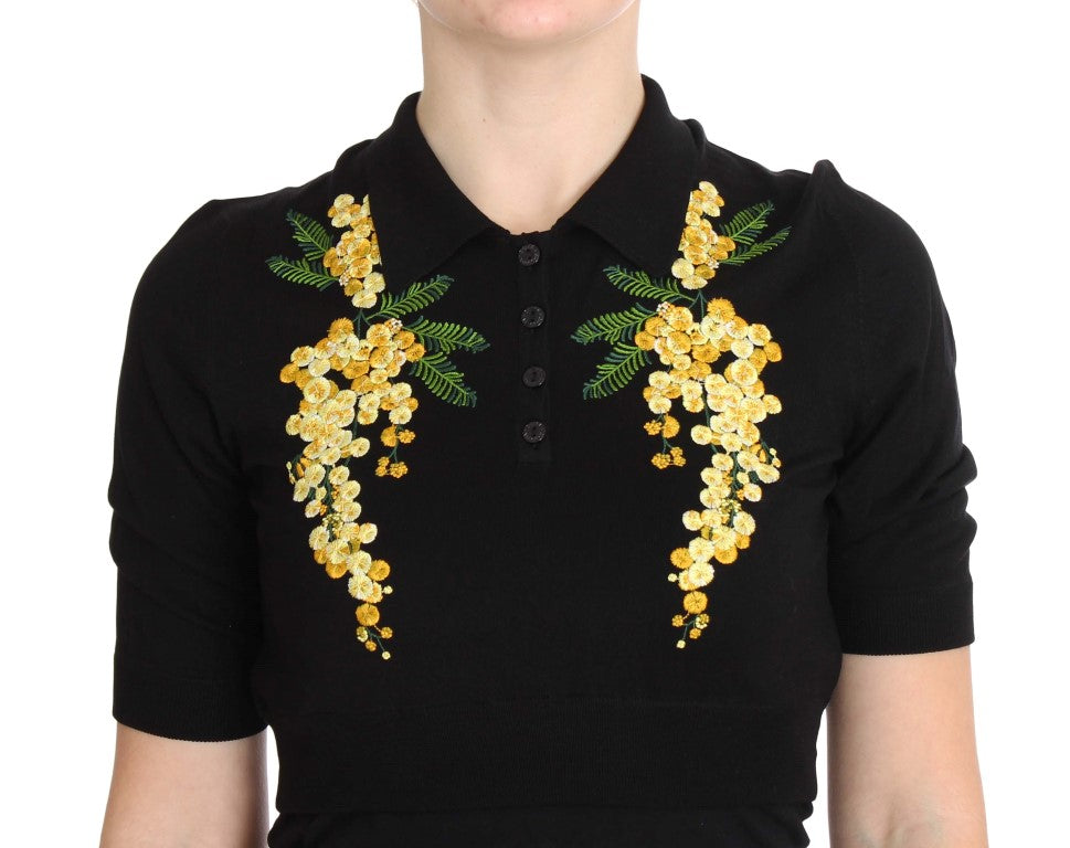 Dolce &amp; Gabbana Elegancki czarny jedwabny top polo z kwiatowym wzorem