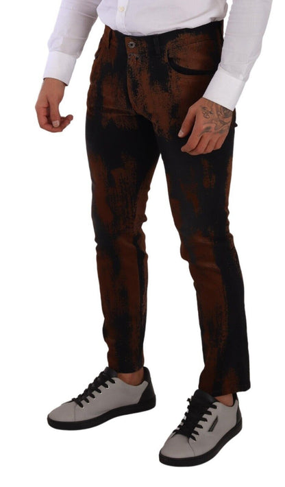 Dolce &amp; Gabbana Chic Czarno-brązowe jeansy Tie-Dye Slim Fit