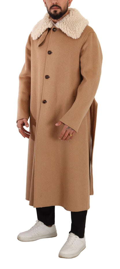 Dolce &amp; Gabbana Opulent Beige Shearling-Collar Overcoat