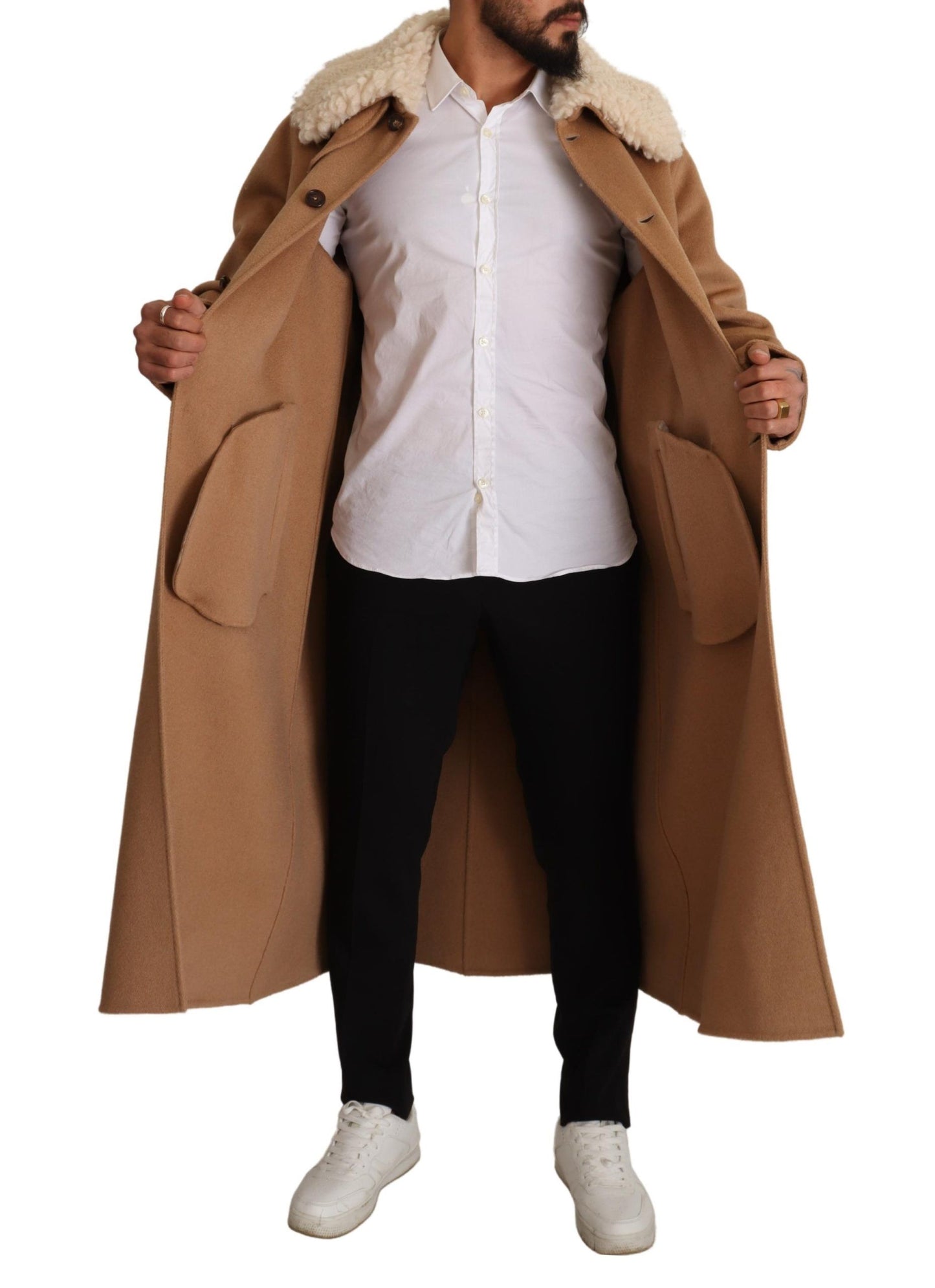 Dolce &amp; Gabbana Opulent Beige Shearling-Collar Overcoat