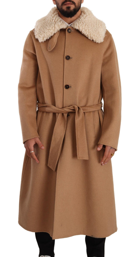 Dolce &amp; Gabbana Opulent Beige Shearling-Collar Overcoat