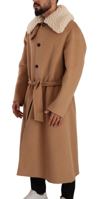 Dolce &amp; Gabbana Opulent Beige Shearling-Collar Overcoat