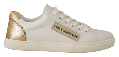 Dolce &amp; Gabbana Eleganckie Białe Skórzane Trampki ze Złotymi Akcentami