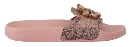 Dolce &amp; Gabbana Floral Lace Crystal Embellished Slide Flats