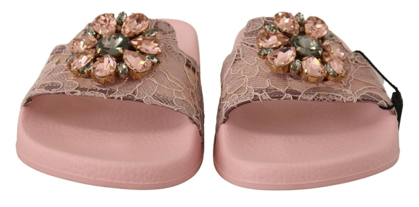 Dolce &amp; Gabbana Floral Lace Crystal Embellished Slide Flats