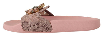 Dolce &amp; Gabbana Floral Lace Crystal Embellished Slide Flats