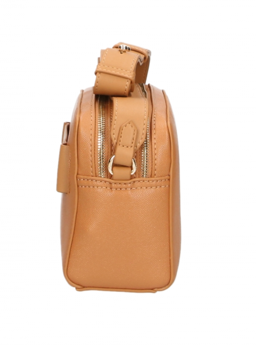 Elegancka torebka typu crossbody w kolorze camelowym z podwójnym zamkiem błyskawicznym