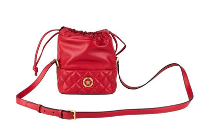 Versace Red Quilted Leather Drawstring Shoulder Bag Bucket Crossbody Handbag