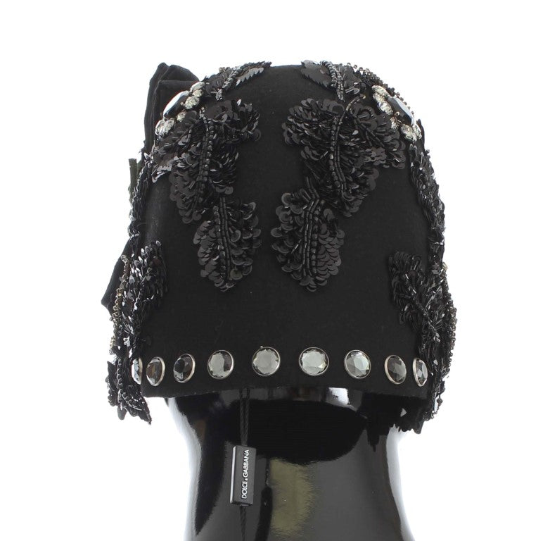 Dolce & Gabbana Elegant Black Crystal-Adorned Cloche Hat