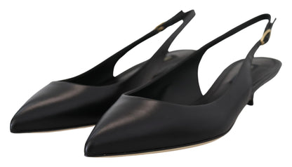 Eleganckie czarne skórzane czółenka typu slingback