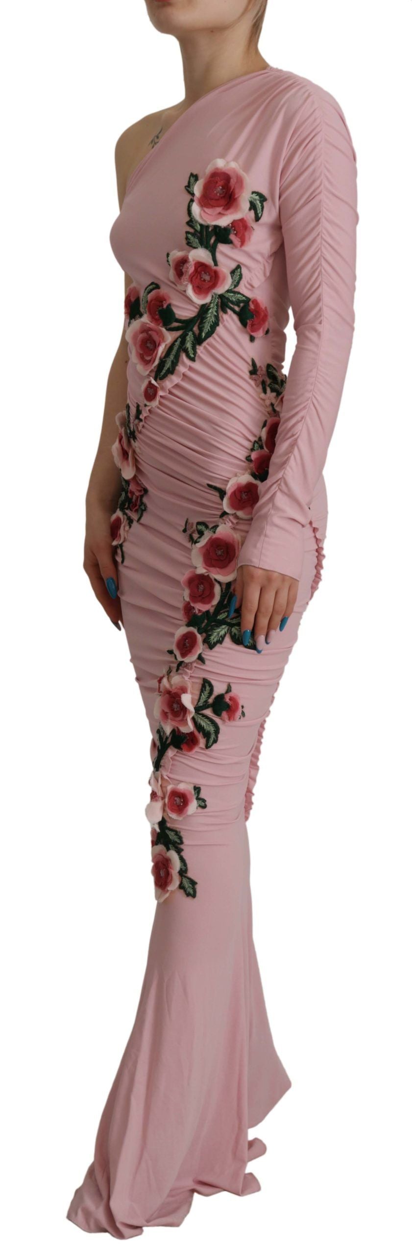 Elegancka różowa sukienka typu bodycon na jedno ramię