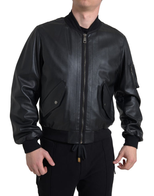 Elegancka czarna skórzana kurtka typu bomber