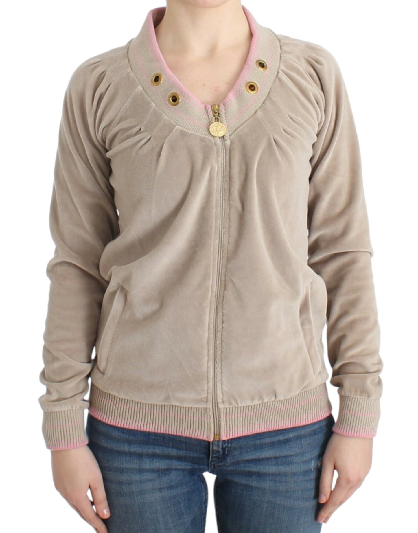 Cavalli Beige Zip Cardigan ze złotymi akcentami