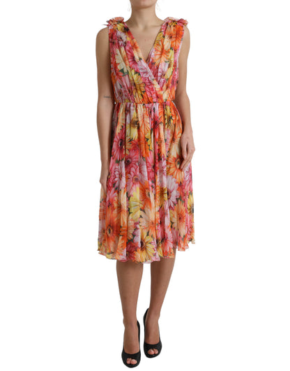 Dolce & Gabbana Elegant Floral Silk Midi Dress with V-Neck