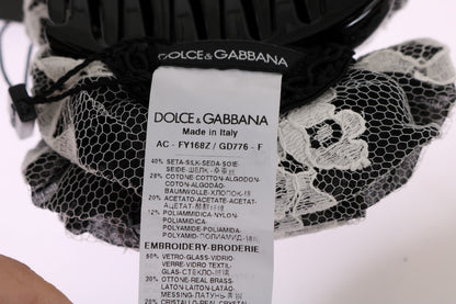 Dolce &amp; Gabbana Elegancka Czarno-Biała Kwiatowa Koronka Kryształowa Spinka Do Włosów