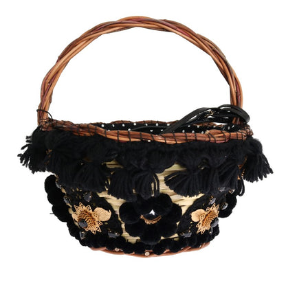 Dolce &amp; Gabbana Chic Beige &amp; Black Straw Snakeskin Bucket Bag