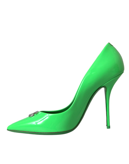 Dolce & Gabbana Neon Green Patent Leather Logo Pumps Shoes