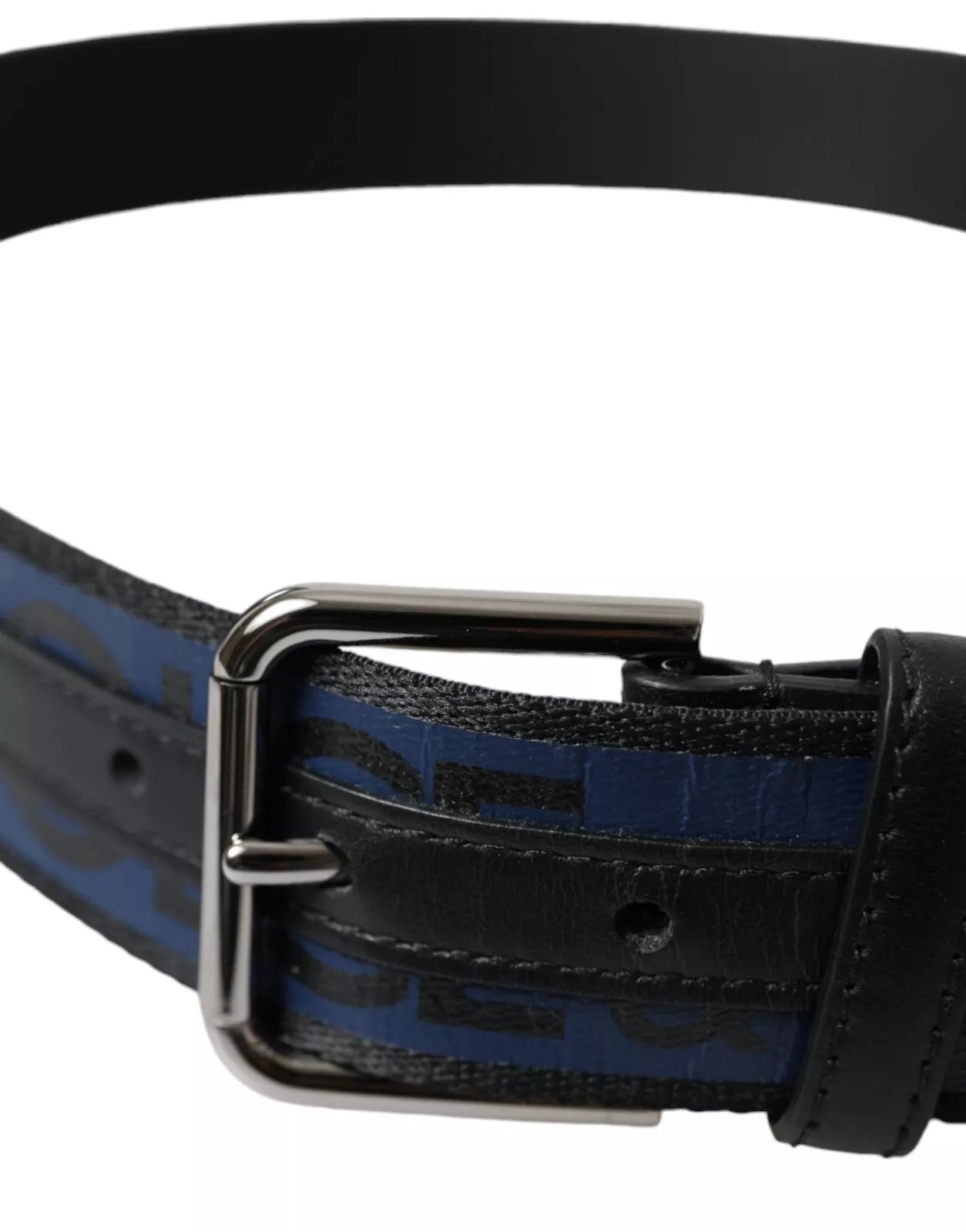 Dolce & Gabbana Black Blue Logo Silver Metal Buckle Belt