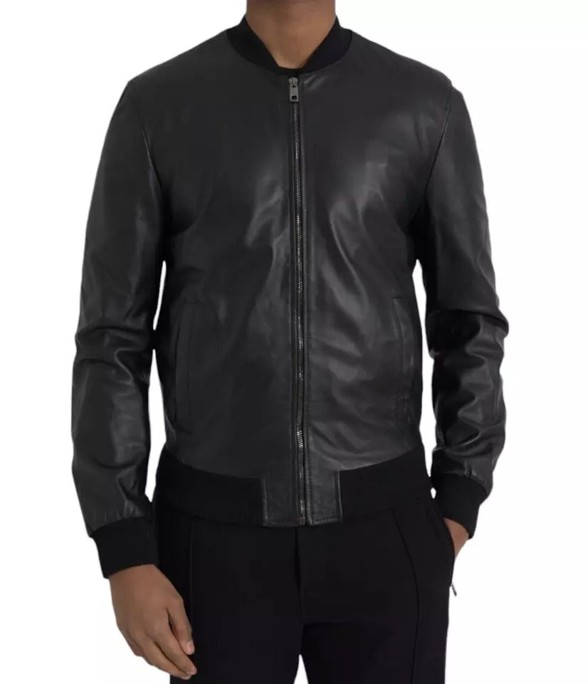 Dolce & Gabbana Black Bomber Leather Full Zip Biker Blouson Jacket