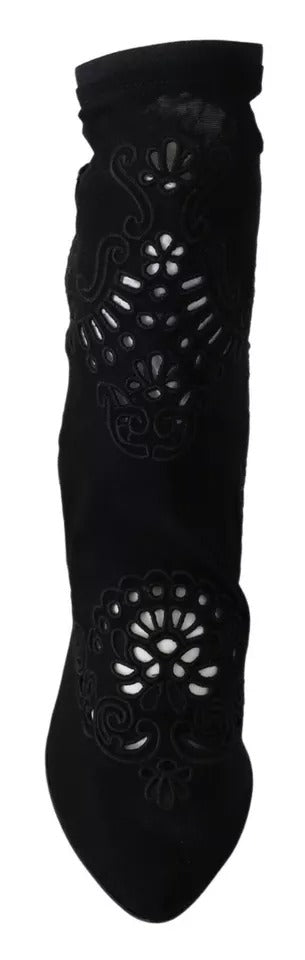 Dolce & Gabbana Black Stretch Pumps Boots Floral Lace Shoes