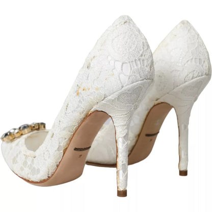 Dolce & Gabbana White Taormina Lace Crystal Heel Pumps Shoes