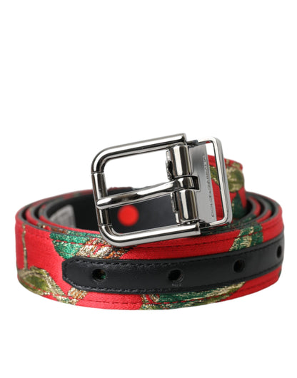 Dolce & Gabbana Red Leather Jacquard Silver Metal Buckle Belt