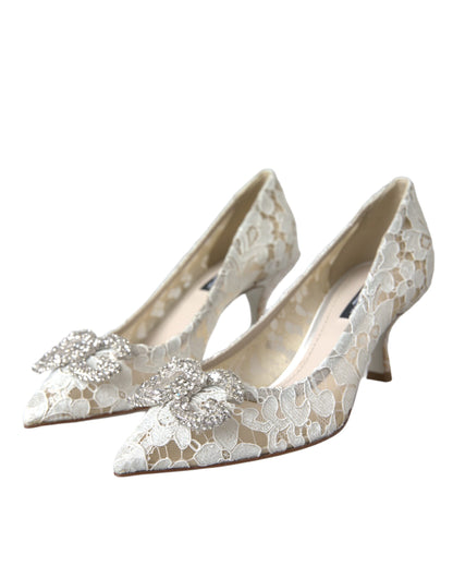 Dolce & Gabbana White Floral Lace DG Crystal Pumps Shoes